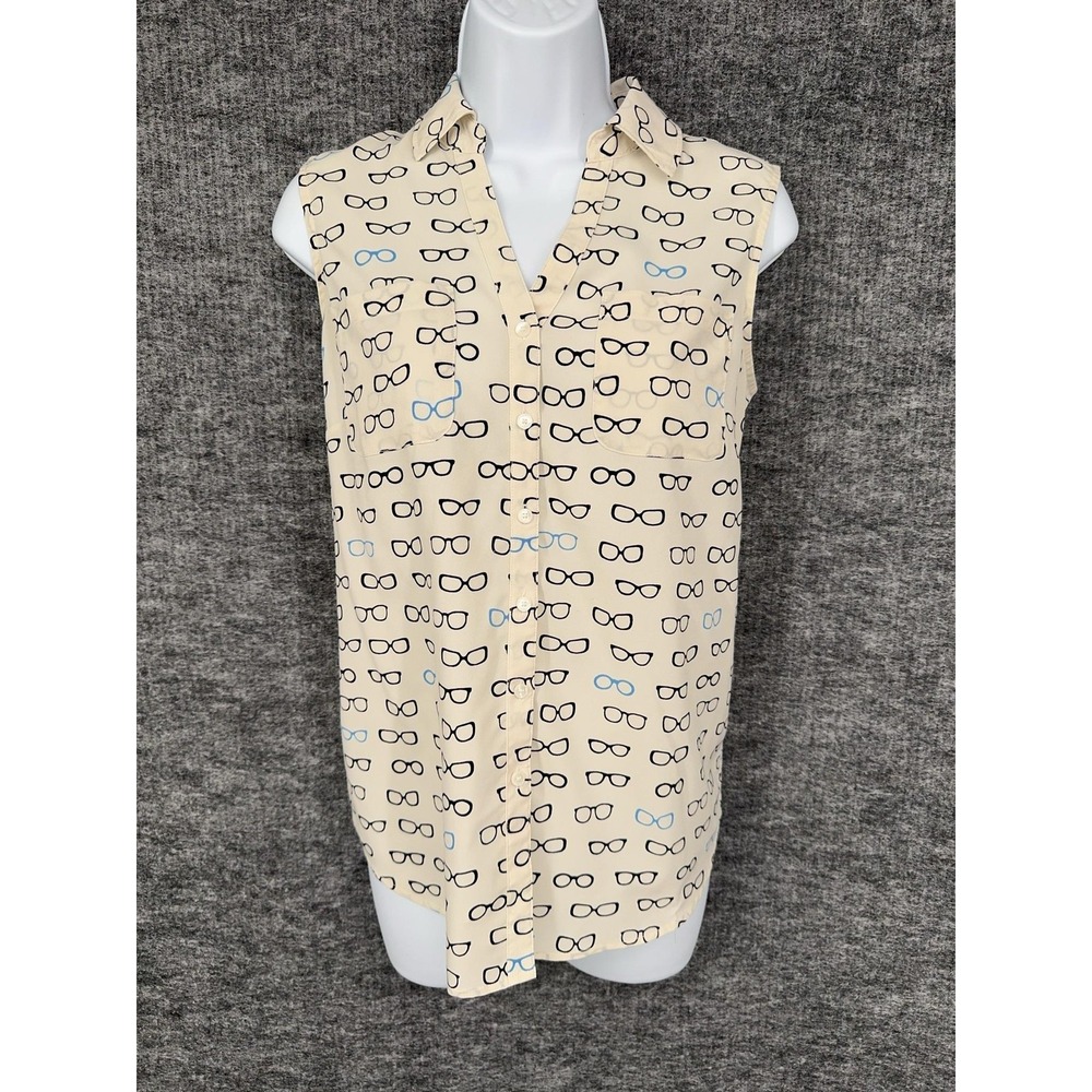 Talbots Shirt Womens MP Beige Glasses Print Collared Button Front Sleeveless Top